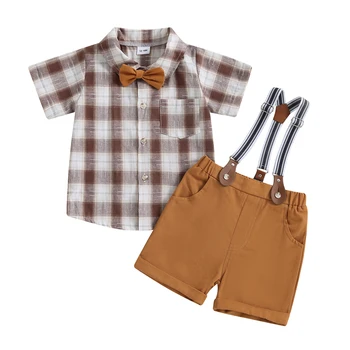 Летен Комплект дрехи За новородени момчета, папийонка, клетчатая риза с къс ръкав и къси панталони на бретелях, ежедневни облекла