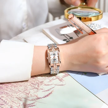 Модерен дамски часовник Луксозна марка Гривна от неръждаема стомана, уникални Творчески правоъгълни часовници за дами Качествени ръчни часовници са Елегантни