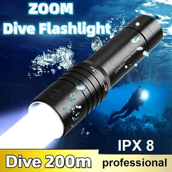 Zoom Гмуркане 200 м Подводен Фенер led Акумулаторна батерия за Преносим Професионален подводен фенер IPX8 Водоустойчив Фенер за гмуркане