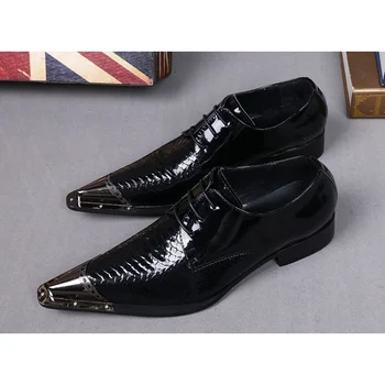 Christia Bella Класически Черен Бизнес Мъжки Обувки-Oxfords от естествена кожа с Метален Остър бомбе, Мъжки обувки-броги за бала