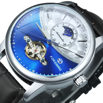 Forsining Модни механични часовници с Турбийоном за мъже, Луксозни каишка от естествена кожа Фаза на Луната, Сребристо-Сини Автоматични часовници 2023