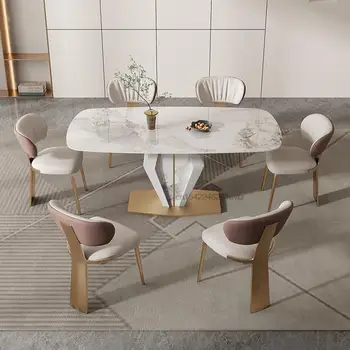 Лесен луксозна маса за хранене, изработени от шисти, Комбинация от стола, Малък апартамент, Модерен прост висококачествен творчески мрамор правоъгълна маса