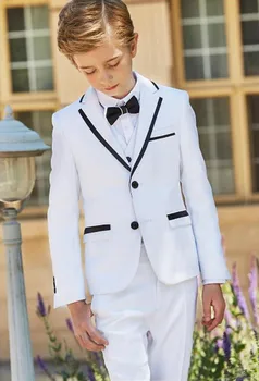 Нови бели костюми за момчета с ревери на сватба, детски вечерни костюми на 2 копчета, рожден ден, комплект от 3 теми, яке + жилетка + панталони + вратовръзка