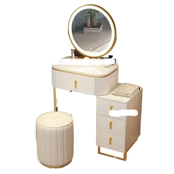 Мебели от шисти INS Тоалетка за грим с огледало, Нощни шкаф за съхранение на спалня за момичета, Вграден в минималистичен тоалетка за грим