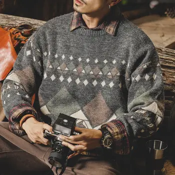 Корейски Модерен Пуловер с Кръгло деколте, Възли, Пуловери Есен Приталенная Модни Дрехи За Мъже в Контрастен Цвят в Клетка 2023x68