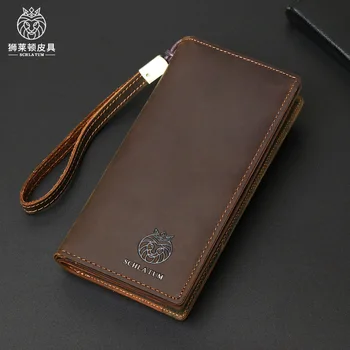 Реколта дълги портфейли, мъжки двойни портфейли от естествена кожа, чантата е с голям капацитет, чанта за карти, мъжки RFID анти-кражба на портмоне за мъже