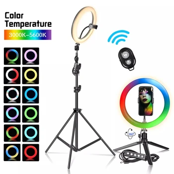 10-инчов RGB околовръстен лампа за Селфи, 15 цвята, Режими на светкавицата, Околовръстен лампа с регулируема яркост, USB околовръстен лампа, фотографско студио за грим на телефона, Youtobu Live Makeup