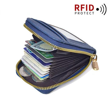 Мъжки портфейл от естествена кожа, държач за кредитни карти, RFID-блокери джоб с цип, мъжка чанта с цип Cartera с няколко карти