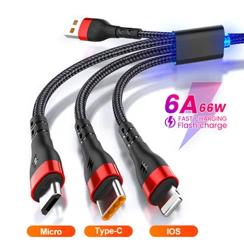USB кабел за Бързо зареждане 3 В 1 за iPhone 14 13 12 11 Pro Max 6A Type C кабел Micro USB за пренос на данни за Huawei Samsung