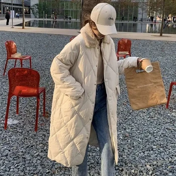 Корейски якета с памучна подплата, Модни паркове със средна дължина, с тънка кожа яка, Зимни ветровка, Извънгабаритни Леки Дебели топли палта