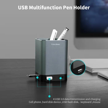 Настолен USB хъб, Алуминиев държач за химикалки и моливи с 4 порта USB 2.0, Многофункционален център, Кутия за съхранение на канцеларски материали За домашно организатор