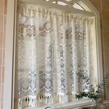 Лейси завеса за всекидневната, кремаво-бяла прозорец завеса с пискюли, кухненска врата, выдалбливают тюлевую завеса, Престилката, преграда за стая