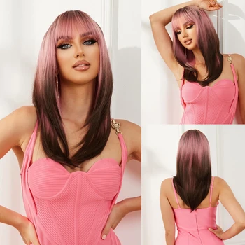 Дълги многослойни директни синтетични перуки за жени с розово-кафяви коса със средна дължина, перука за cosplay, с бретон, огнеупорни натурален