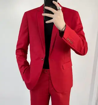 Нов мъжки Червен цвят, с дълги ръкави, Ежедневни памучен линия, модерен Dreaa, оборудвана костюм на един пуговице32.99