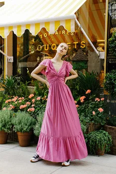 2023 Лятото Ново Френската артистична рокля на Корейския Дизайнер За Почивка С Дълбоко V образно деколте и широка пола без облегалка Дамски дрехи