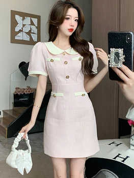 Летни Розови мини рокли с къс ръкав и яка кукла 2023, Ново Модно Елегантна Ежедневна Домашна рокля, Жената на Корейското Дебнещ Вечерна рокля