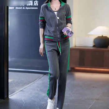 Комплект от две части, Корея 2023, Дамски яке и панталони с висока яка, есенен дамски дрехи, спортно облекло Y2K, дрехи с висока талия