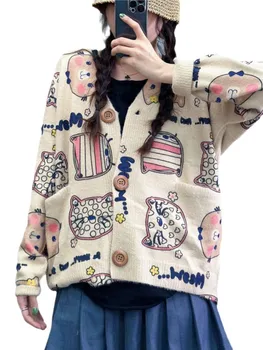 Есенно-зимния Нов пуловер с абстрактно принтом котка, Ретро Женски Свободен вязаный отгоре с V-образно деколте и три копчета