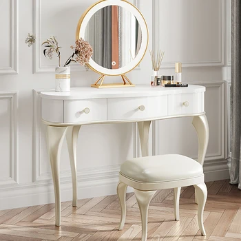 Дървени мебели за спални, Тоалетна маса в американски стил, с огледало, Табуретка за грим, модерен първокласен масичка за грим