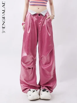 SHENGPALAE Модни Дамски Панталони-карго С двойна талия и копчета-ципове В гънките, Обикновена Преки Свободни панталони, Лято 2023, Новост 5R3564