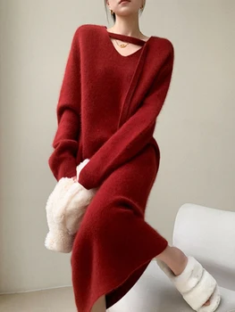 Извънгабаритни Пуловер, Пуловер, Рокли с дълъг ръкав, 2023, Нов Корейски Модерен Пуловер, Секси Елегантна Дълга Рокля, Топ, Есента рокля-пуловер