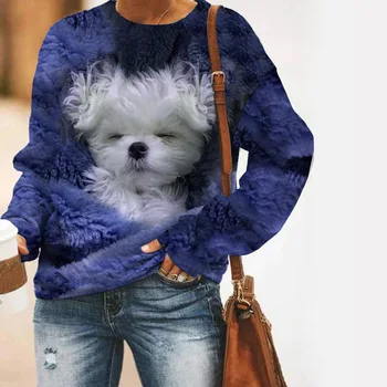 Нови Дамски блузи с дълъг ръкав, Блузи 2023, Hoody с кръгло деколте, Скъпа памучен тениска с принтом котки и кучета в стил Kawai за момичета, блузи в стил Харадзюку