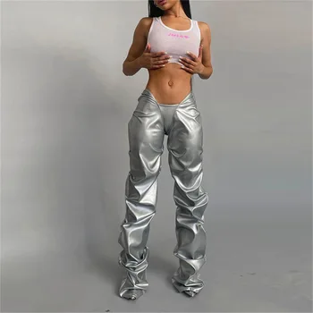 2023 Есен Y2K, Дамски Нова Мода, от Изкуствена кожа с Бръчки, Сексуална Ежедневни Панталони с Ниска Талия, Улични прави Панталони, Vestidos