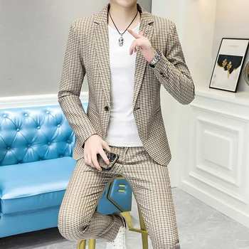 Висококачествен Нов модерен всекидневен костюм (костюм + панталони) 2023, мъжки костюм, trend един Млад красив Корейски вариант, оборудвана костюм, комплект от две части
